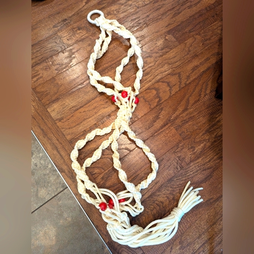 Vintage 1970's macrame double plant hanger cream with red beads